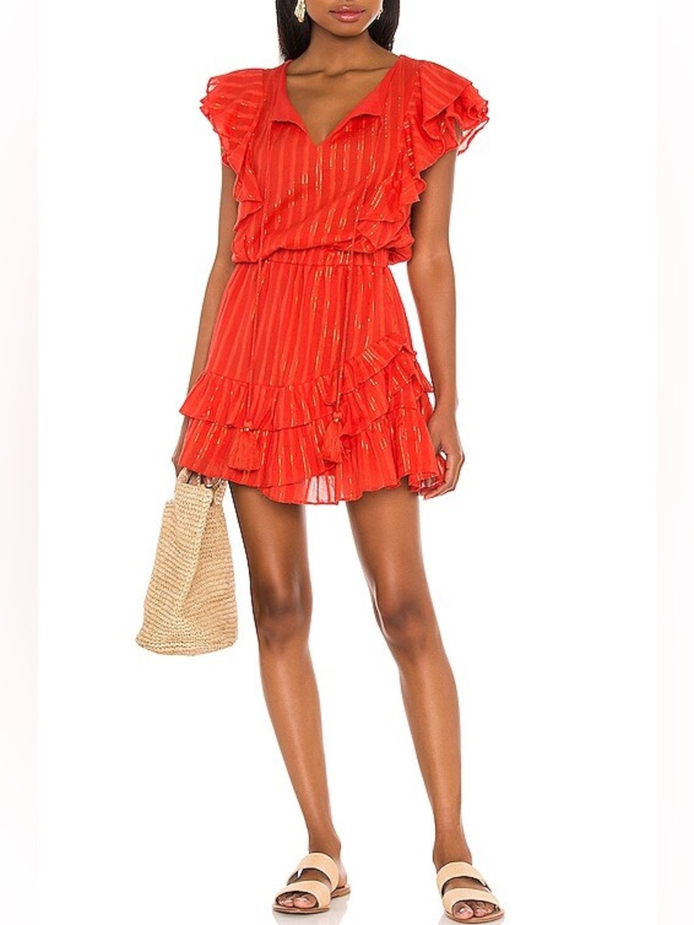 Karina Grimaldi 100% Cotton Raffa Metallic Mini Dress Size S Red Gold Tassels